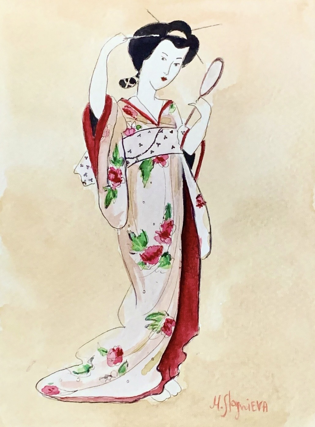 Japanese Geisha in a Kimono with a Mirror by Marina Stognieva, watercolor on paper, 18 × 24 cm